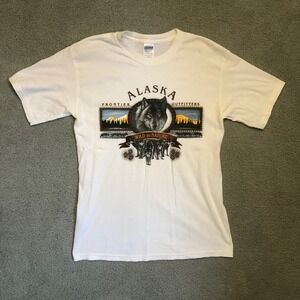 Vtg Alaska Frontier Outfitters Wolf Graphic T-Shirt White Mens Medium Nature
